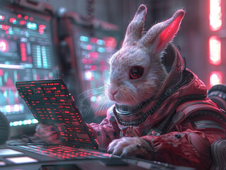 An anthropomorphic rabbit in stylish attire engages in cryptocurrency trading in a neon-lit, futuristic command center
