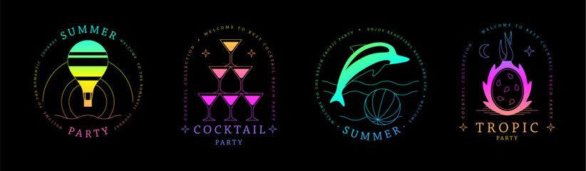 Set of fluorescent line art summer icons with hot air balloon, cosmopolitan cocktail, dolphin and pitahaya. Set of summer posters. Vector illustration - obrazy, fototapety, plakaty
