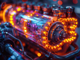 futuristic glowing engine machinery close-up neon intricate technology mechanical engineering automotive detail modern innovation performance power motor machine tech automotive design engine parts me