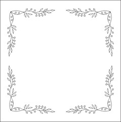 Black and white vegetal ornamental frame with leaves and flowers, decorative border, corners for greeting cards, banners, business cards, invitations, menus. Isolated vector illustration.	
