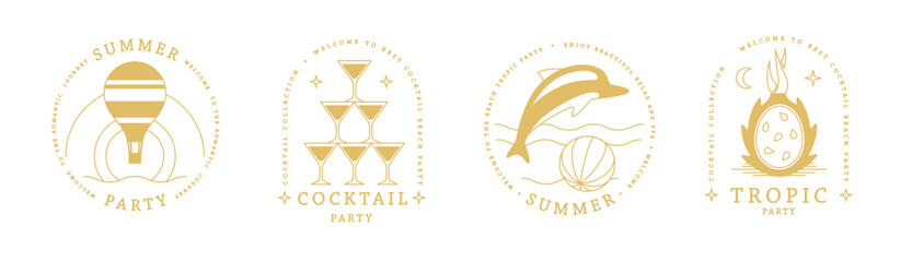 Set of line art summer icons with hot air balloon, cosmopolitan cocktail, dolphin and pitahaya. Set of summer posters. Vector illustration