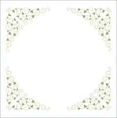 Round green vegetal ornamental frame with leaves, round frame, decorative border, corners for greeting cards, banners, business cards, invitations, menus. Isolated vector illustration.	
