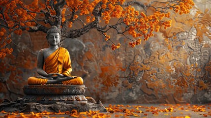 banner background Theravada New Year Day theme, and wide copy space, A symbolic illustration of the Bodhi tree, under which Lord Buddha attained enlightenment, 