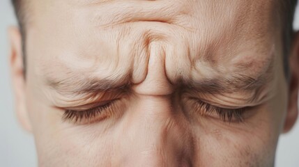 Close-up of a furrowed brow showing the strain of a headache, set against a stark white backdrop, in a hyper-realistic style.