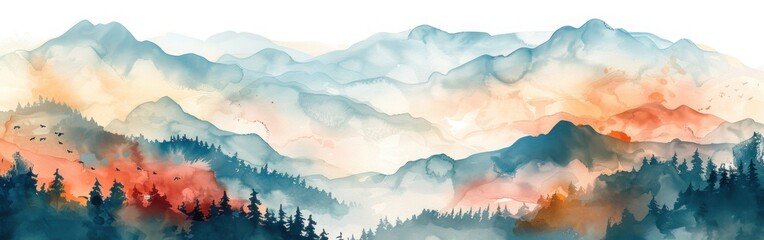 soft pastel color watercolor abstract brush painting art of beautiful mountains mountain peak minimalism landscape with peach fuzz lines panorama banner illustration white background 
