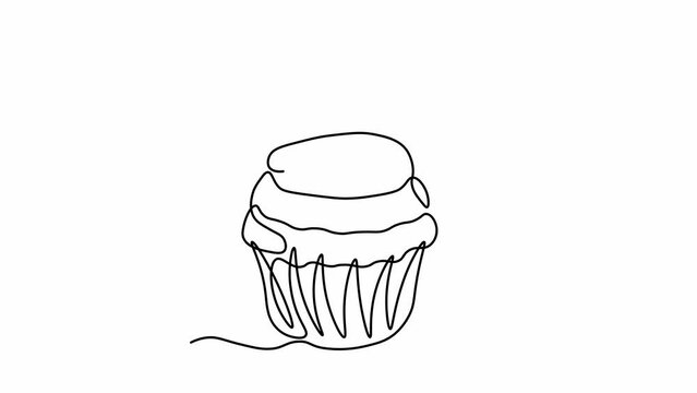 Self drawing animation with one continuous line draw, logo, birthday cake, cupcake with berry