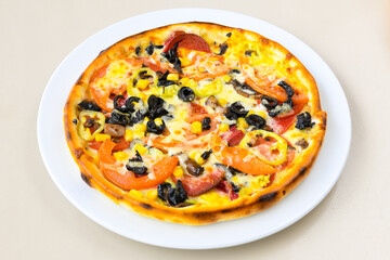 Delicious mixed pizza with rich content. Menu concept of choice and diversity. Pepperoni, Formaggi, Veggie, Karisik pizza