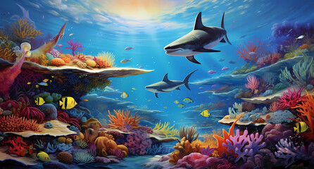 Fototapeta na wymiar underwater scene with sharks, fish and coral reefs