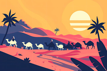 Fototapeta na wymiar Colorful flat illustration of a desert scene with camels and sheep against a backdrop of sand dunes and pyramids for Eid al-Adha