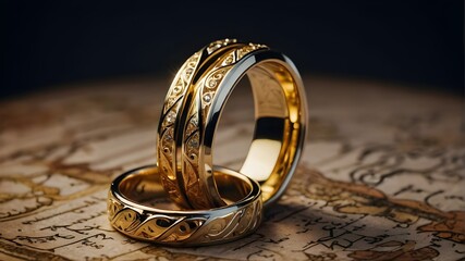 Cut out are two golden wedding rings. utilizing generative artificial intelligence - obrazy, fototapety, plakaty