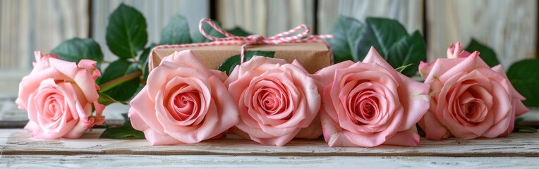 Six Pink Roses and Giftbox on Rustic White Wooden Background - Romantic Floral Gift Idea for Any Occasion
