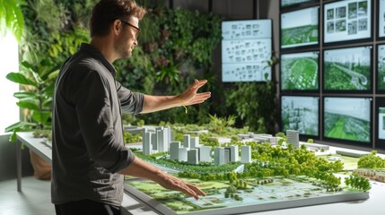 An urban planner interacts with a detailed city model, focusing on sustainable development and green spaces. AIG41