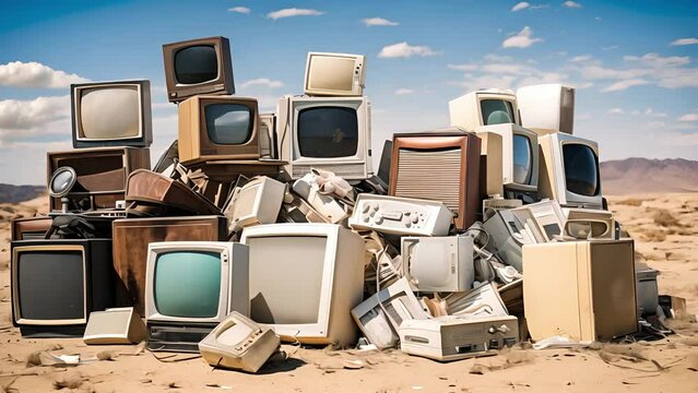 Electronic waste waiting for disposal. Abandoned broken computer, Stack of disused computer printers to be scrapped or recycled. Environmental concept	