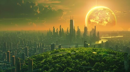 Tomorrows Earth scorched by a giant sun, citizens adapt in hightech habitats, greenery as SVG EPS scarce but cherished, ar 916 - obrazy, fototapety, plakaty