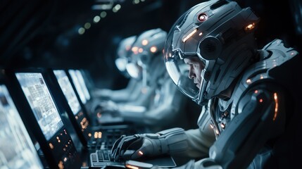 Team of astronauts in a space suits aboard the orbital station. A crew of cosmonauts piloting the spaceship. People in space. Galactic travel and science concept. - obrazy, fototapety, plakaty