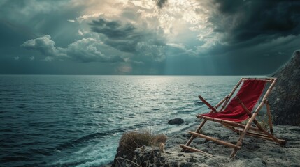 Luxurious bamboo beach chair with red fabric, positioned on a cliff with a dramatic ocean view, stormy sky above, moody and high-definition photography texture. - obrazy, fototapety, plakaty