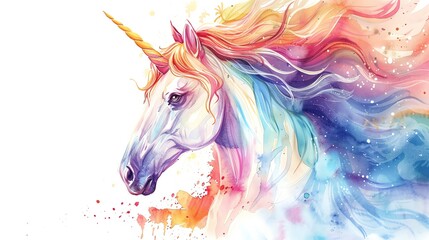 Watercolor illustration clipart of a whimsical unicorn, featuring soft pastel hues, sparkling eyes, and a lush, flowing mane, isolated on a white background, embodying the essence of magical serenity