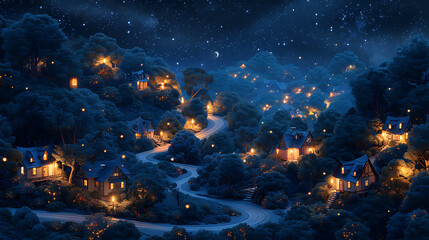 blue night,low angle,In the center winding road,cute,Create an image of a charming village scene with a soft isometric perspective. Generative Ai