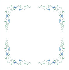 Green vegetal ornamental frame with leaves and blue butterflies, decorative border, corners for greeting cards, banners, business cards, invitations, menus. Isolated vector illustration.	

