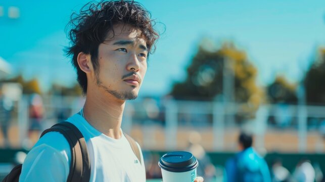 Tennis player of Japanese descent during a match break, holding UCC Black coffee, tennis court and audience in the background, realistic and vibrant.