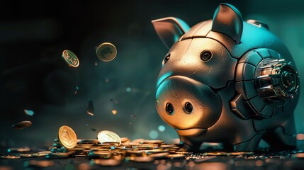 Closeup of a metallic piggy bank shaped like a robot, under a spotlight, being fed gold coins against a dark, moody background - obrazy, fototapety, plakaty