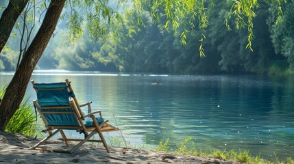 Tranquil bamboo beach chair with light blue fabric, near a sleepy lagoon, surrounded by birdlife...