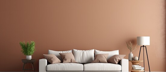 White couch in living room with brown wall