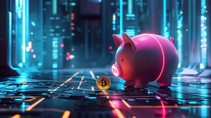 A futuristic piggy bank with neon lights, receiving a gold coin in a scifi styled setting, showcasing advanced technology in personal finance - obrazy, fototapety, plakaty