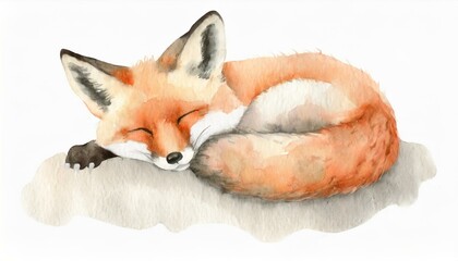Sleeping little fox watercolor. Watercolor animal background.