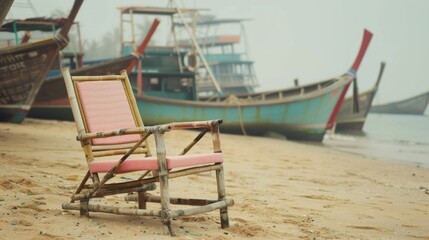 Fototapeta na wymiar Vintage-style bamboo beach chair with pastel pink fabric, near old wooden fishing boats, nostalgic feel, early morning mist, high-definition photography texture.