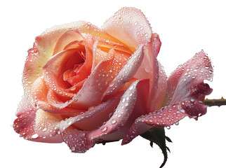 Wet rose in bloom with dew on petals isolated on transparent background
