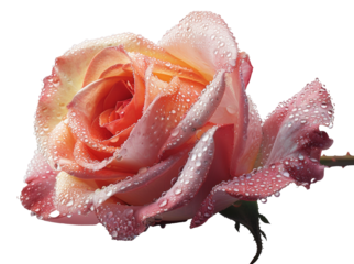 Wet rose in bloom with dew on petals isolated on transparent background