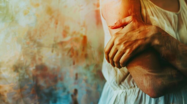 Woman holding her wrist, subtle grimace, soft focus with a watercolor effect.