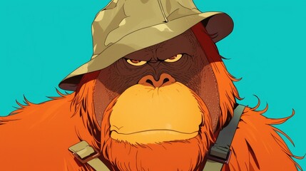 An angry orangutan dressed as a cartoon zookeeper - obrazy, fototapety, plakaty