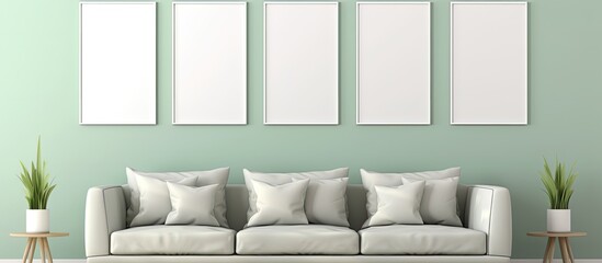 A modern living room with a sofa and three empty frames