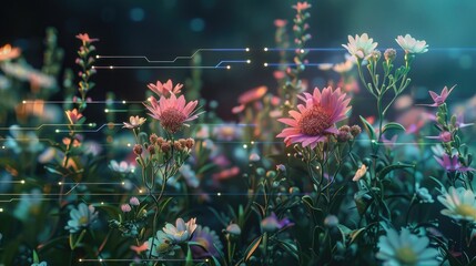 Wildflowers and botanical diagrams morphing into circuit designs - obrazy, fototapety, plakaty