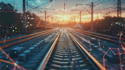 Railroad tracks and parallel data lines enhancing transport technology - obrazy, fototapety, plakaty