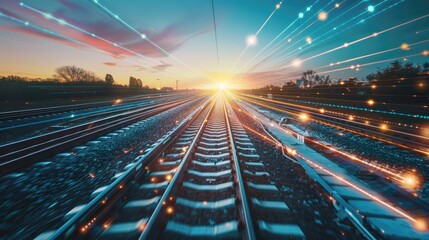 Railroad tracks and parallel data lines enhancing transport technology - obrazy, fototapety, plakaty
