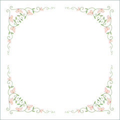 Round green vegetal ornamental frame with leaves and pink butterflies, decorative border, corners for greeting cards, banners, business cards, invitations, menus. Isolated vector illustration.	
