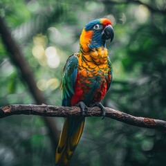 Obraz premium A colorful parrot is perched on a branch in a lush green forest