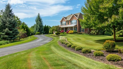 Suburban home with a wellmaintained grass border along the driveway, enhancing curb appeal