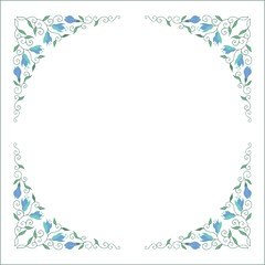 Fototapeta na wymiar Round green vegetal ornamental frame with leaves and blue magnolia flowers, decorative border, corners for greeting cards, banners, business cards, invitations, menus. Isolated vector illustration. 