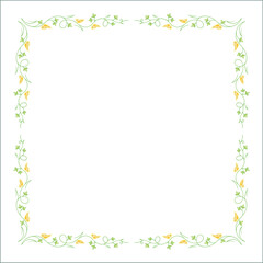 Green vegetal ornamental frame with leaves and yellow butterflies, decorative border, corners for greeting cards, banners, business cards, invitations, menus. Isolated vector illustration.	
