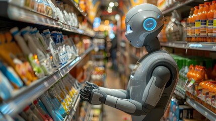 A futuristic robot retrieves an item from a high shelf following digital instructions displayed on its screen in a modern retail store or warehouse - obrazy, fototapety, plakaty