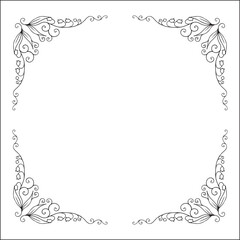 Black and white vegetal ornamental round frame with lily of the valley, decorative border, corners for greeting cards, banners, business cards, invitations, menus. Isolated vector illustration.	