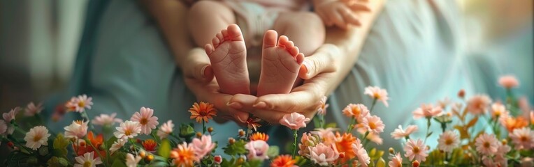 Close-up portrait of Asian mother holding newborn's feet - Healthcare, love and lifestyle concept for Mother's Day - Powered by Adobe