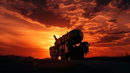 Fototapeta premium Silhouette of an ICBM being transported on a military truck at sunset, emphasizing logistics and deployment