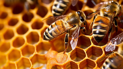 the queen (apis mellifera) marked with dot and bee workers around her - bee colony life