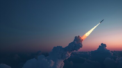 ICBM missile launch at dusk, smoke trailing against a dark blue sky, demonstrating military power - obrazy, fototapety, plakaty