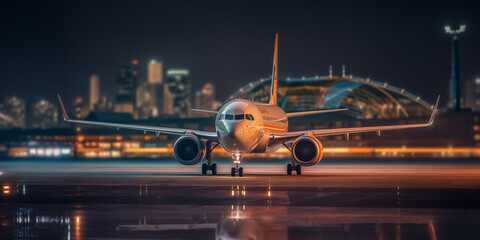 Large commercial airplane landing or take off on runway at night. Journey abroad tourism, oversea travel, flight transit, air travel transport, airline business, or transportation industry concept - obrazy, fototapety, plakaty